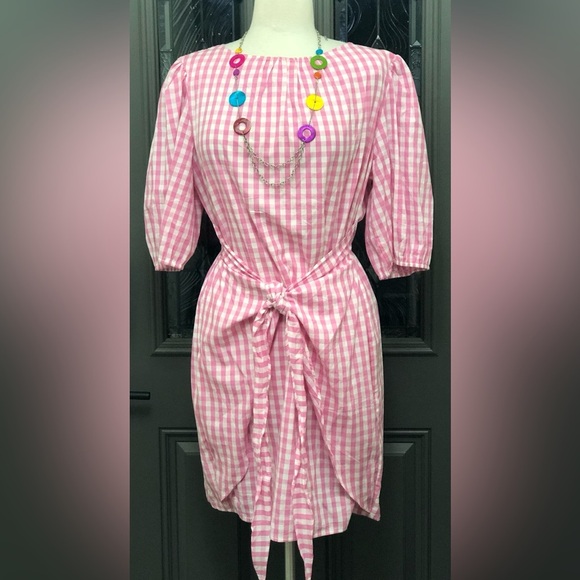 NWT Fashion- Pink Gingham Elbow Sleeves with Wrap  Waist Front/Side Tie Dress - Picture 2 of 10